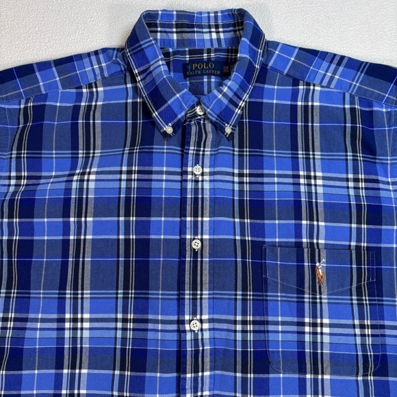 Polo Ralph Lauren‎ Oxford Shirt Men's 2XB Blue Cotton Plaid Pocket Flesh Pony - Picture 4 of 14